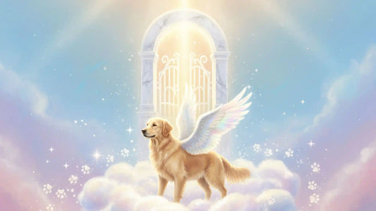 A beautiful pet dog standing on a cloud in front of heaven's gates