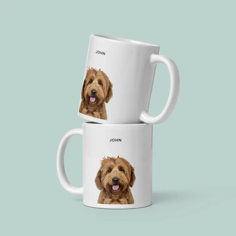 Pet portrait mugs stacked