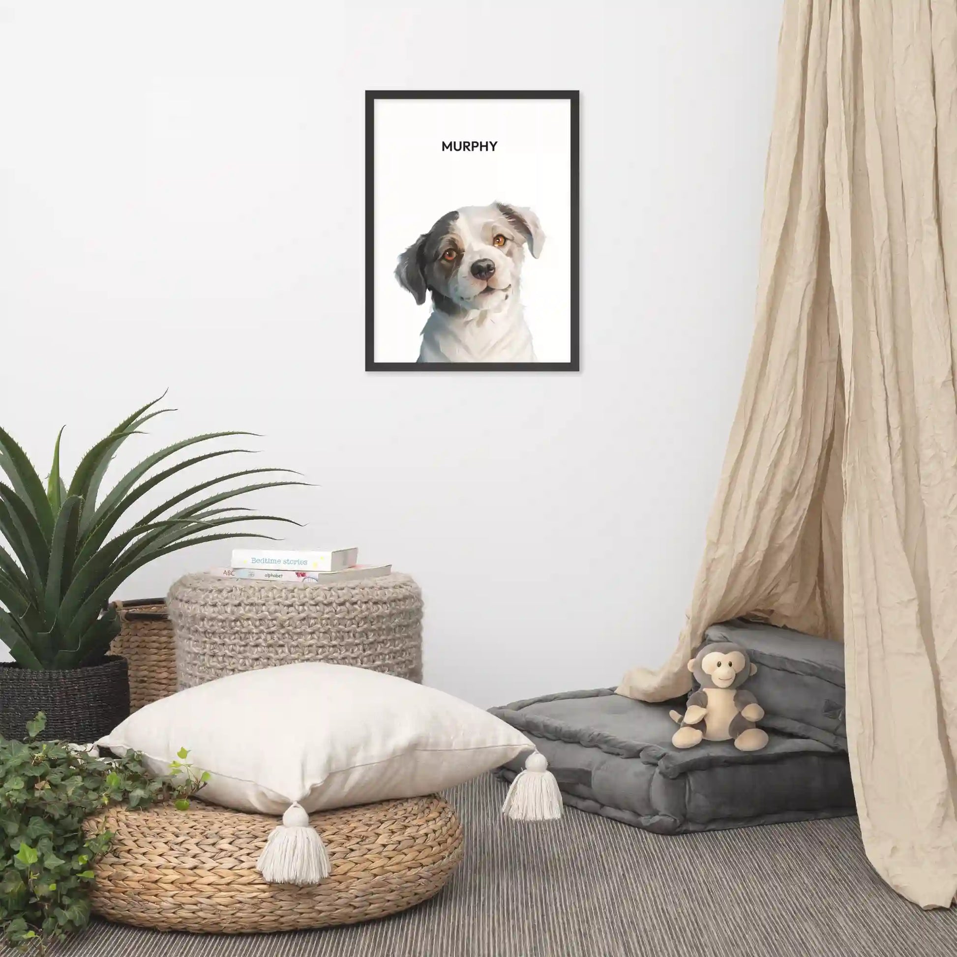 Large pet portrait hanging above furniture.