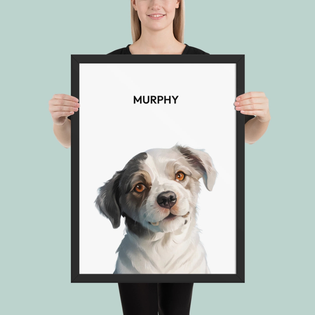Customer holding a custom pet portrait that's framed.