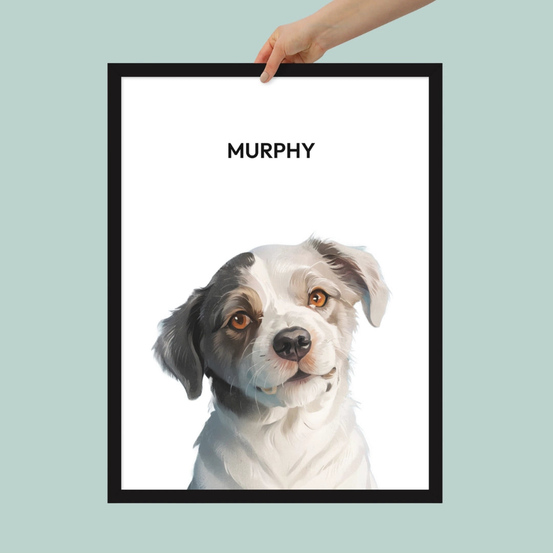 Human hand holding a pet illustration that's framed.