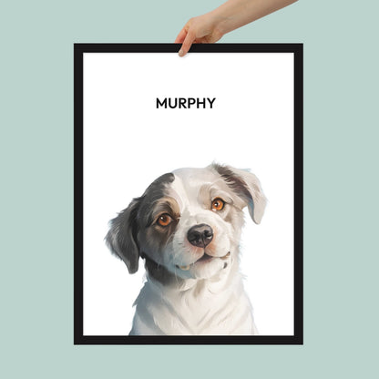 Human hand holding a pet illustration that's framed.