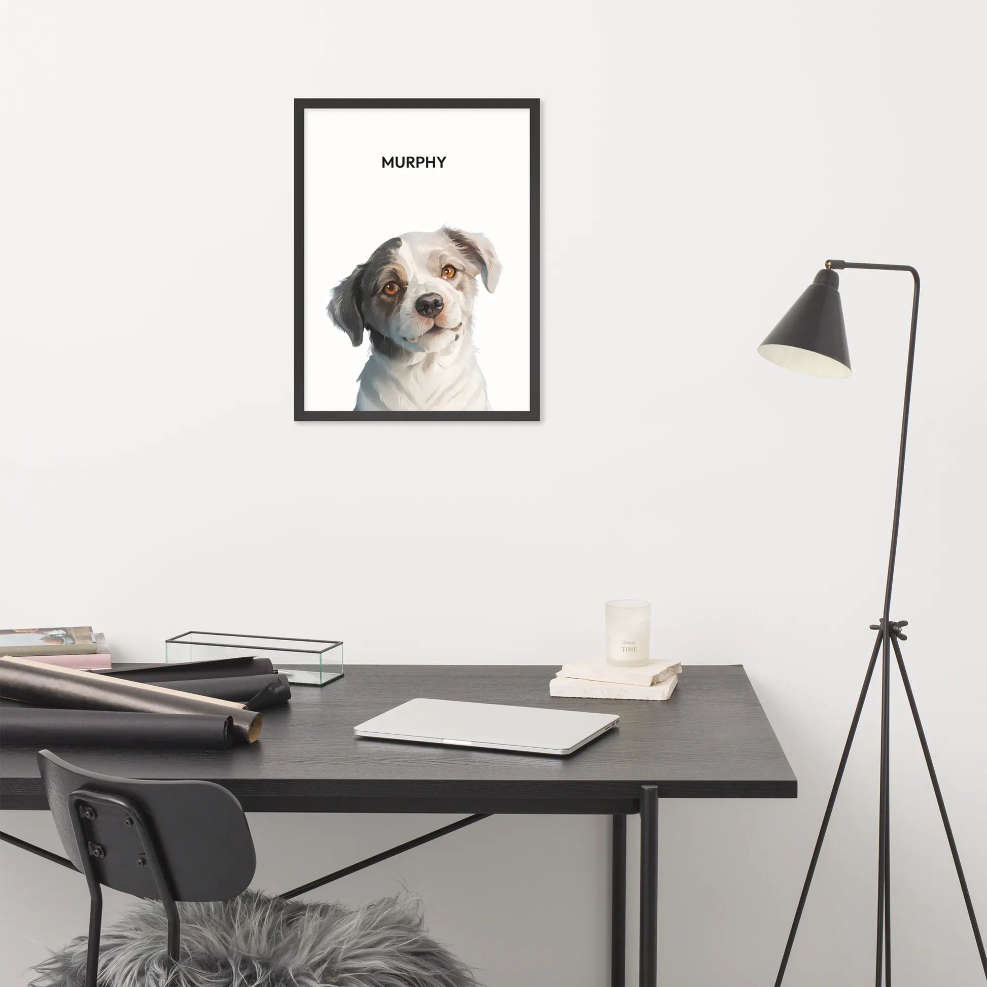 Custom pet portrait on a wall above desk.